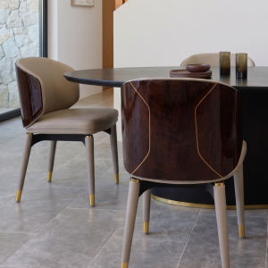Luxury modern PU dining chair with burl grain ash wood and stainless steel accents